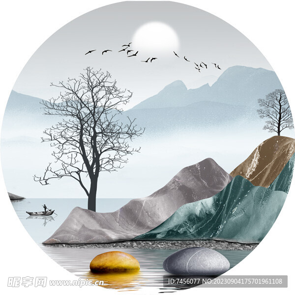中式山水湖畔圆形挂画装饰画