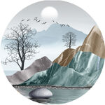 水彩山脉湖畔圆形挂画装饰画