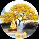 鹅卵石湖畔发财树圆形挂画装饰画