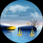 帆船湖畔美景圆形挂画装饰画
