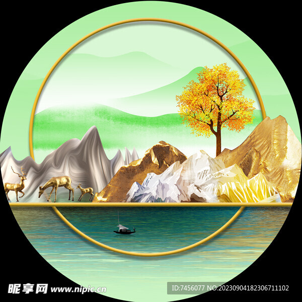 山水湖畔美景圆形挂画装饰画