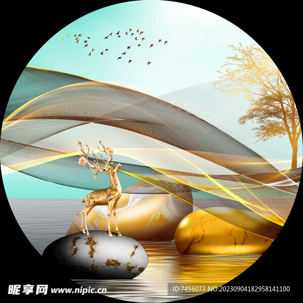 鹅卵石湖畔麋鹿风景画圆形挂画