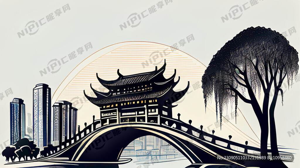 成都安顺廊桥矢量线描图
