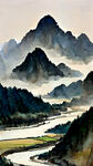 水墨画
烟雨
稻田
青山
河流
风景
淡雅
彩色