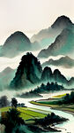 浅色水墨画
烟雨
稻田
浅绿色的山
绿色河流
风景
淡雅
彩色