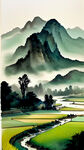 浅色水墨画
烟雨
稻田
浅绿色的山
绿色河流
风景
淡雅
彩色