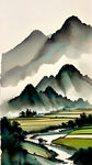 浅色水墨画
烟雨
稻田
浅绿色的山
绿色河流
风景
淡雅
彩色
春耕