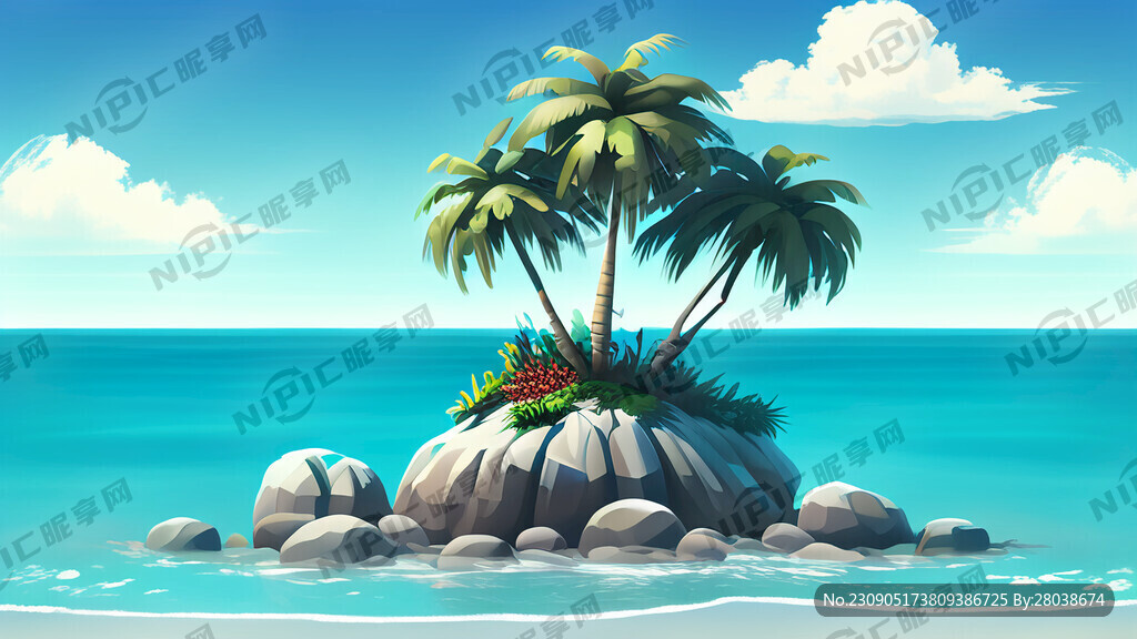海水蓝天礁石椰树