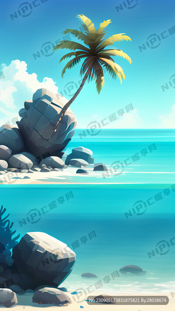 海水蓝天礁石椰树