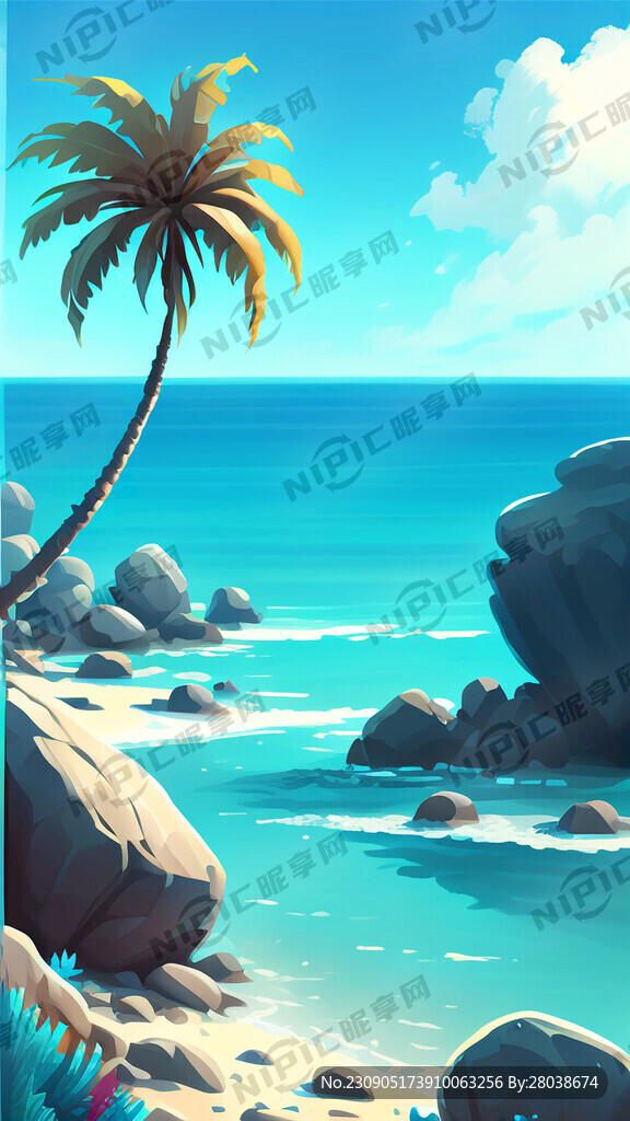 海水蓝天礁石椰树