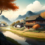 美丽乡村，壮美景色，明亮插画，中国风，写实，极致细节