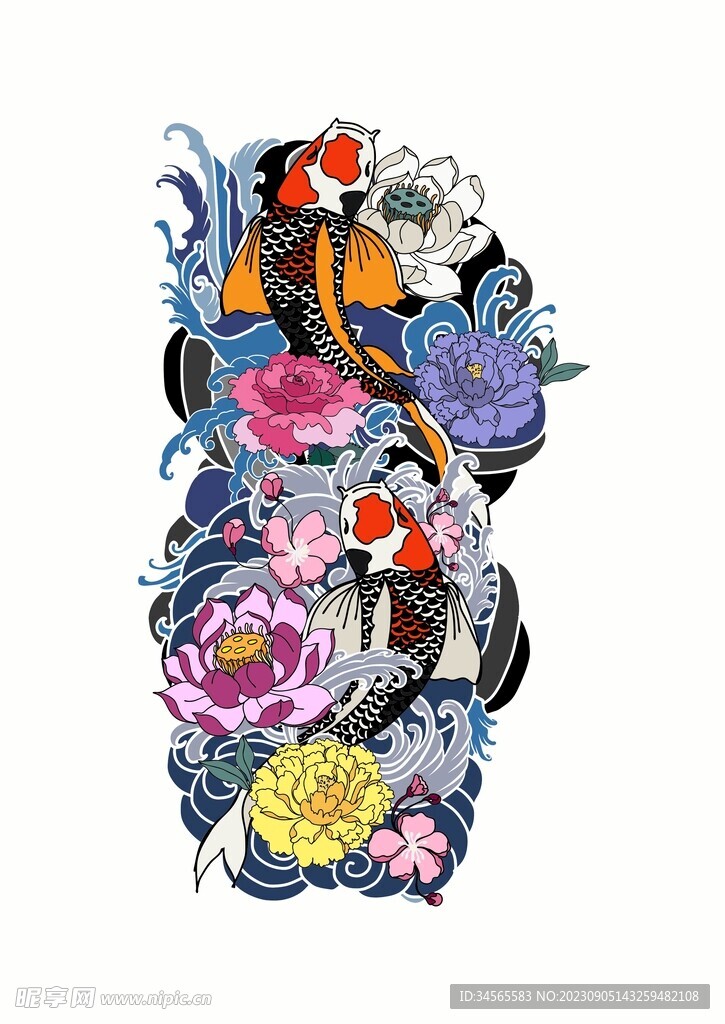 锦鲤遨游 海浪花朵日本