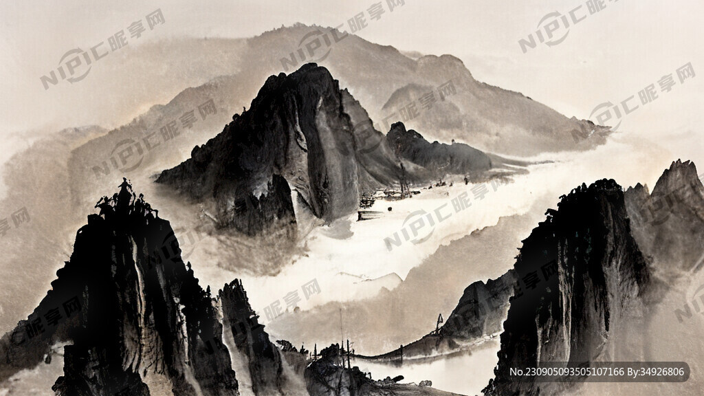 写意山水画 国画 水墨 河流