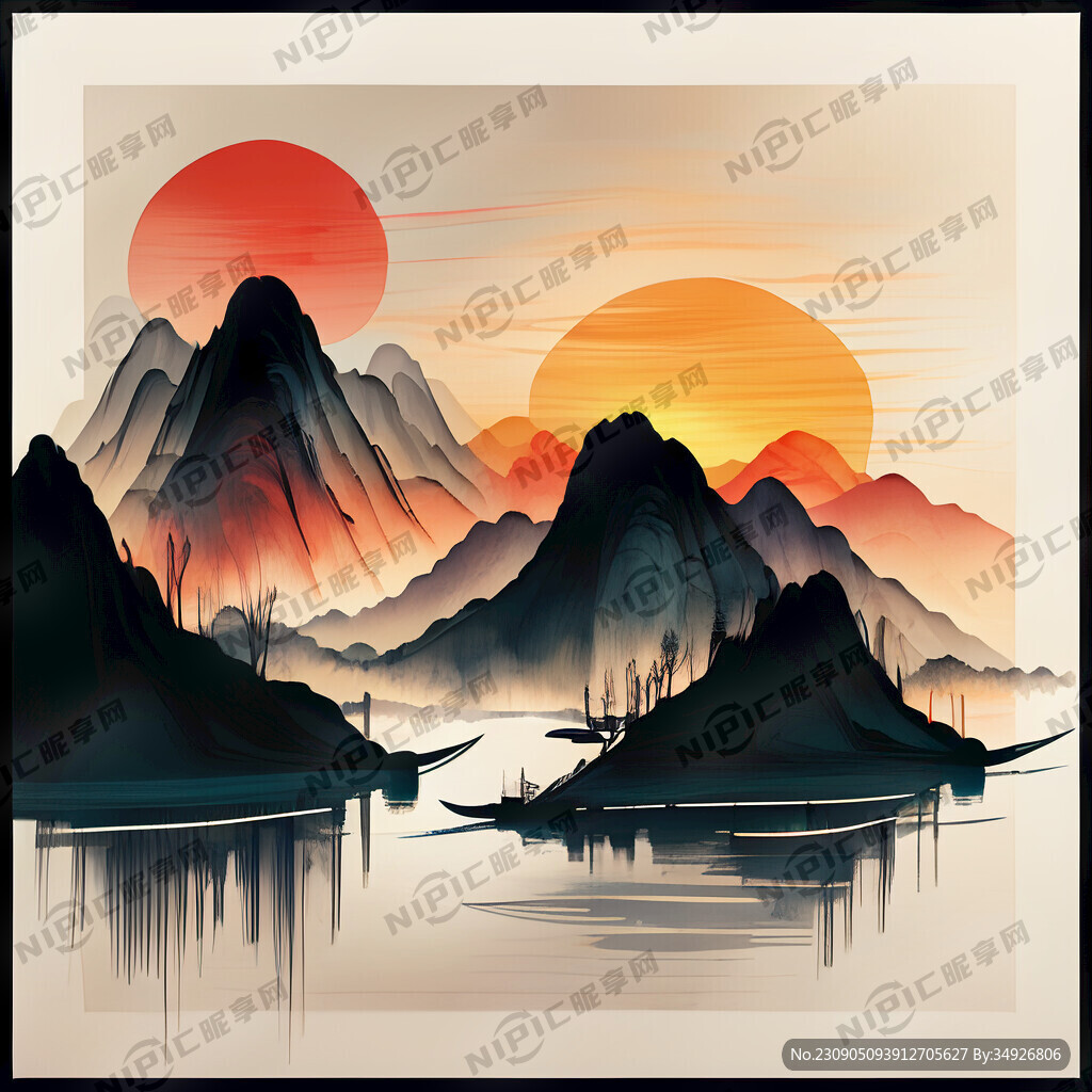 抽象线条山水画 河流 船只