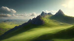 照片的山丘覆盖着绿色的草，阳光明媚的天气，在屏幕中间的放大镜，超现实，辛烷值渲染