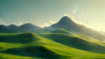 照片的山丘覆盖着绿色的草，阳光明媚的天气，科技感，超现实，辛烷值渲染