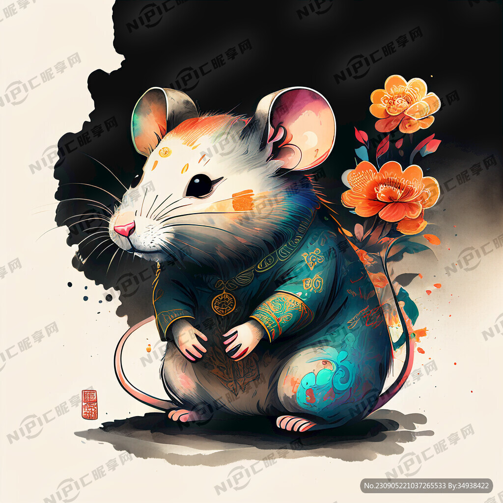 国潮十二生肖写意老鼠插画有背景