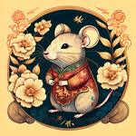 国潮十二生肖鼠，老鼠生动可爱，年画风格，线描背景，背景丰富线，描鎏金，背景明亮，有花朵，有叶子