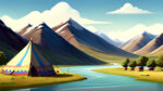 卡通，雪山，草原，河流，藏族帐篷