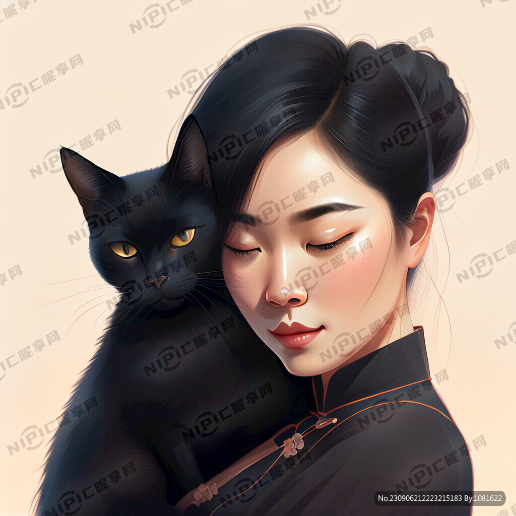 一个抱着黑猫的侧脸女人 温馨
