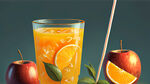 苹果汁，橙汁，椰汁，乌龙茶，组合图