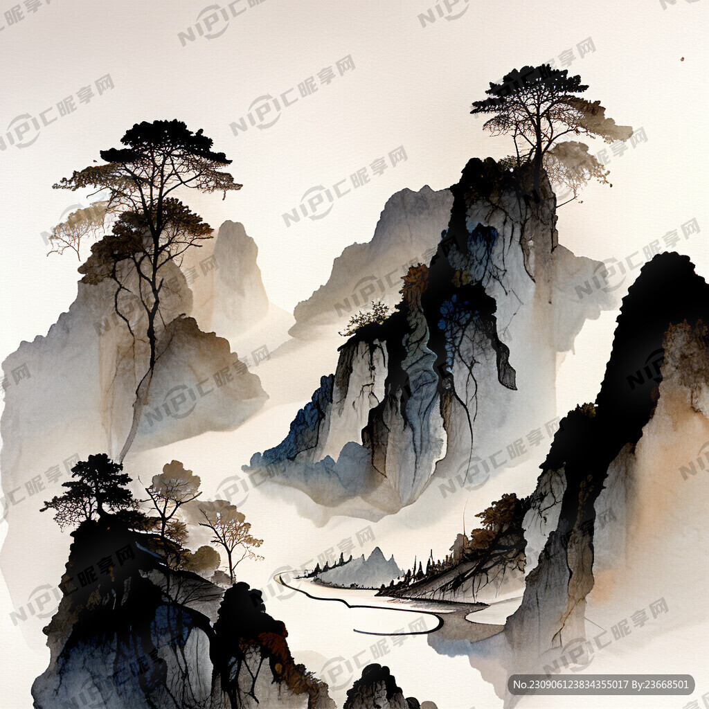 无限循环中式线描风景图