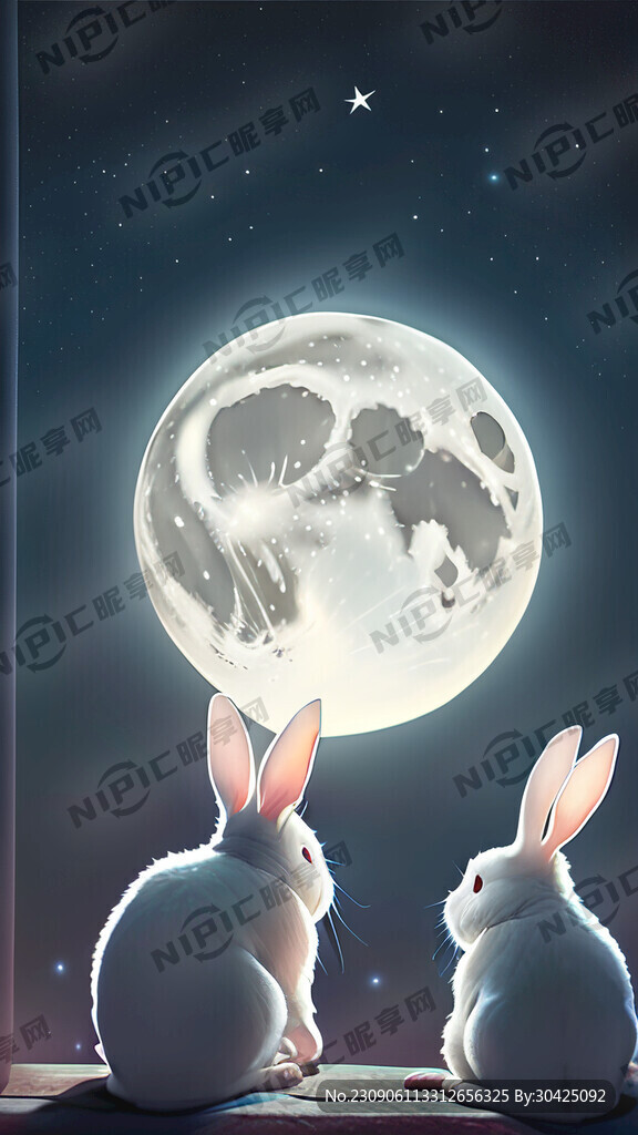 夜晚上两只白色小兔子在看大月亮