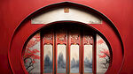 写实画，红色中式宫墙，墙上有圆形的门，墙上有扇形中国风窗户