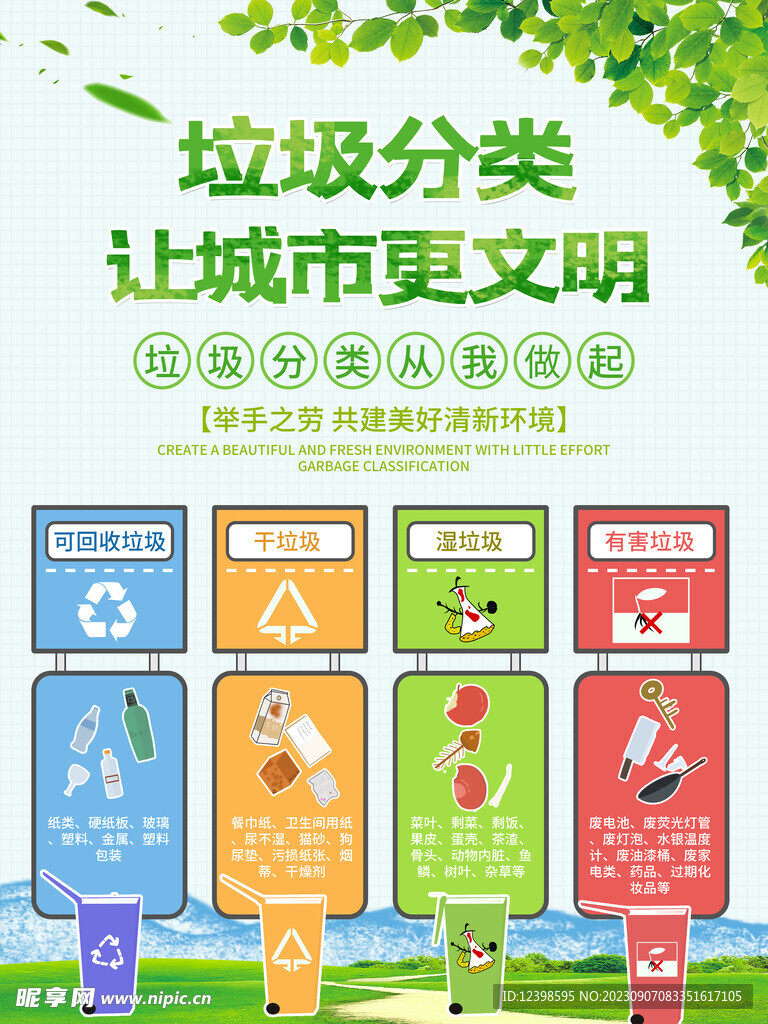 绿色环保垃圾分类图解平面海报