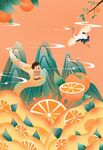 橘子仙鹤高山插画素材