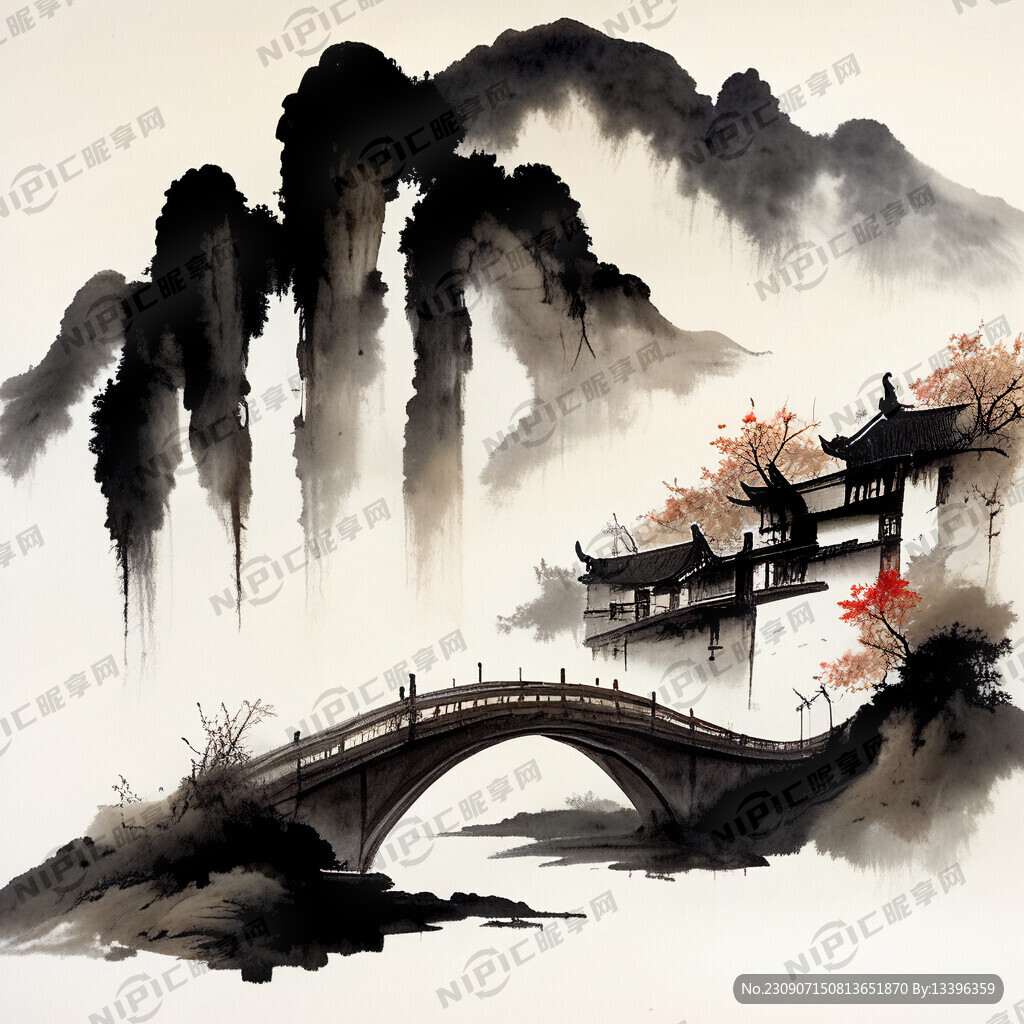 桥梁水墨古风桥梁多一点