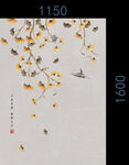 新中式手绘银杏叶花鸟背景