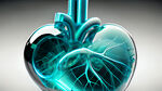 一颗完整的写实心脏，科技感，半透明，可视化风格，蓝绿色