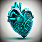 一颗完整的写实心脏，科技感，半透明，可视化风格，蓝绿色