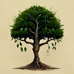 一颗古老绿色的茶树根部粗壮树叶看起来是个如字概念插画