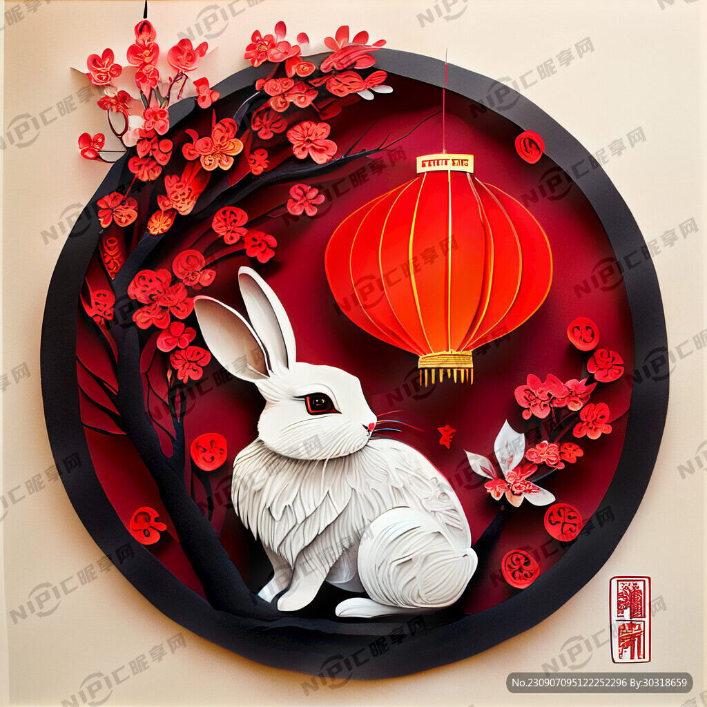衍纸艺术 春节 可爱兔子 红梅