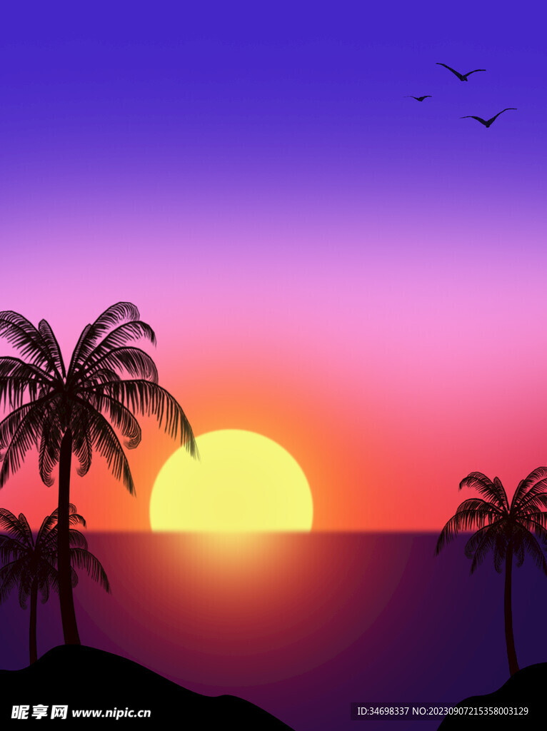日落插画夏威夷风格椰树海滩原创