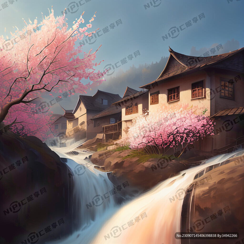 一支桃花从右上角垂下 流水