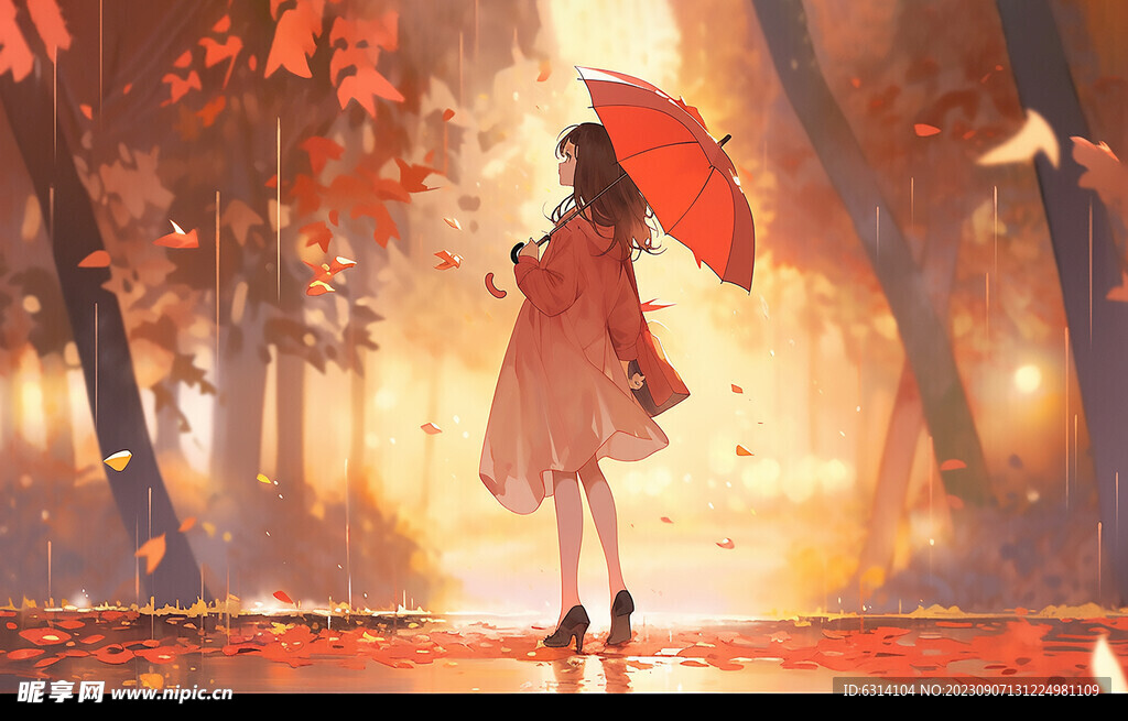 卡通雨中打伞的美少女