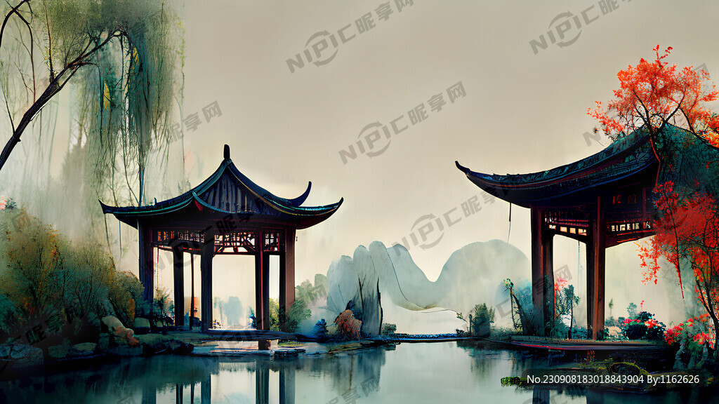 中国古代的花园假山垂柳池塘凉亭