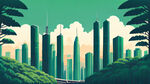 深圳市城市全景，复兴号高铁，树林，高楼，绿色苦基调，扁平风格