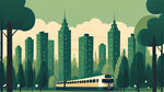 城市全景，复兴号高铁列车，树林，高楼，绿色苦基调，扁平风格
