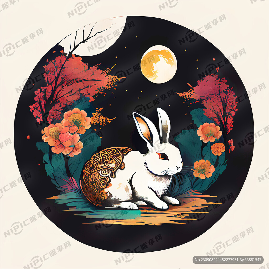 平面插画 中秋节 月饼 兔子