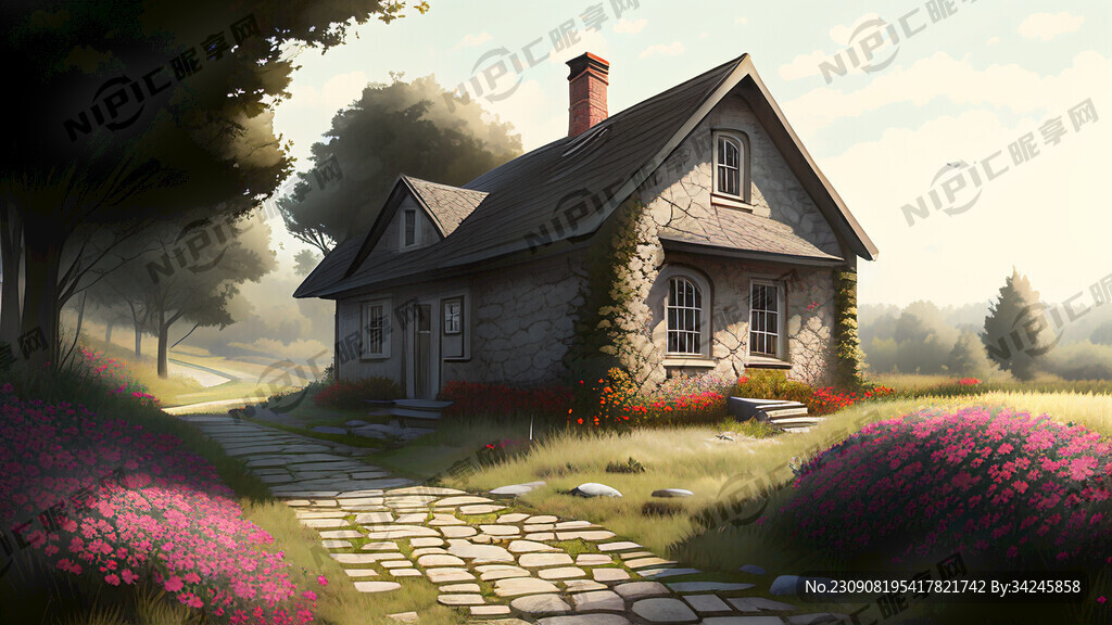 右边小房子 路边有花