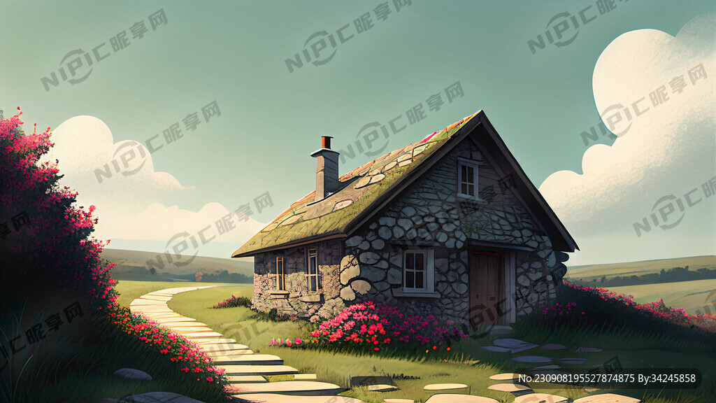 右边有个小房子 路边有花