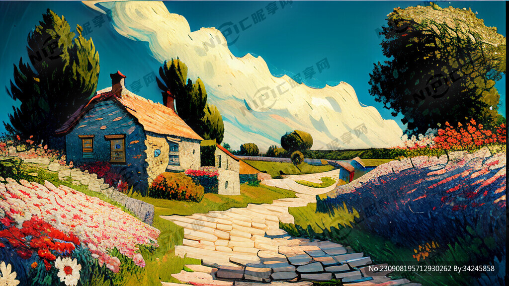 右边有个小房子 路边有花很多花