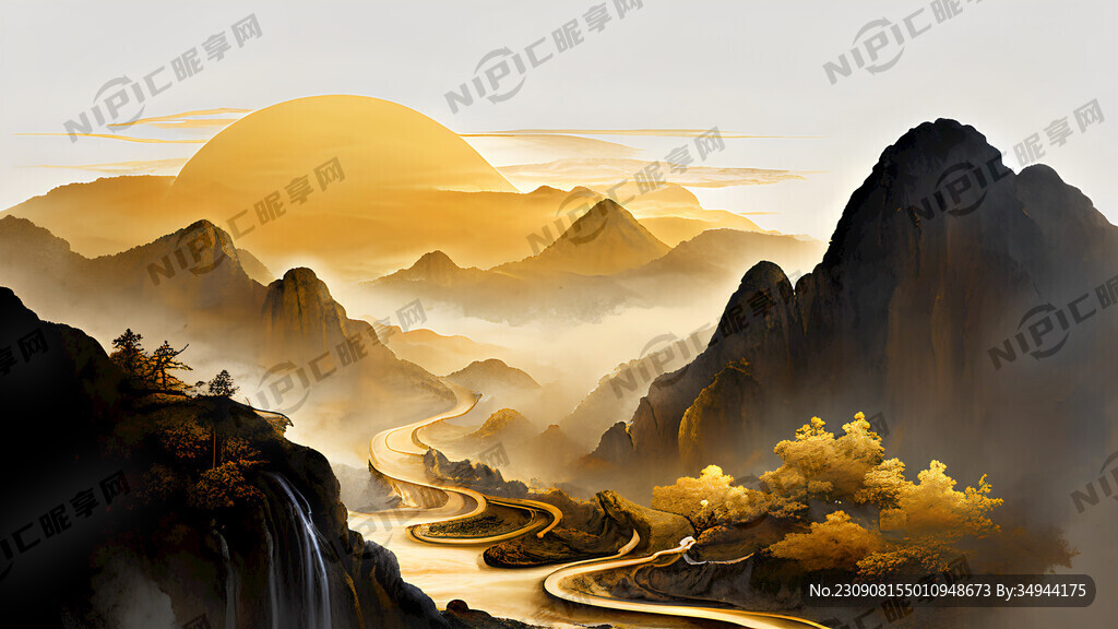 右上为金黄色或朝霞 高山流水