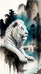 白色狮子与湖与老虎