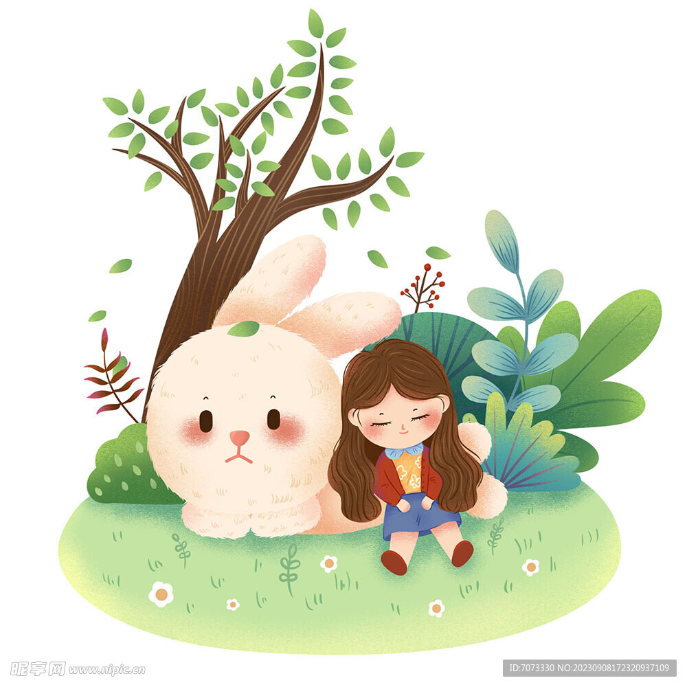 草地上的兔子和小女孩卡通扁平风