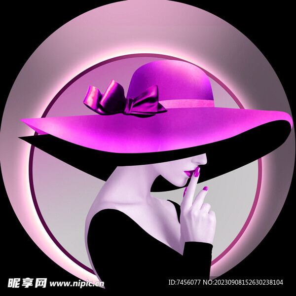 紫色帽子时尚美女圆形挂画装饰画